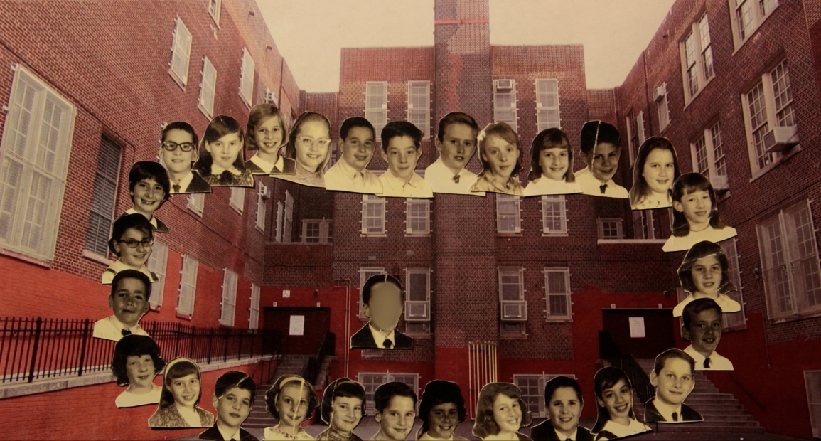 Cut out black-and-white school photos of children arranged in a loop around a cut out photo with the face blurred out. An old image of a school building is behind them.