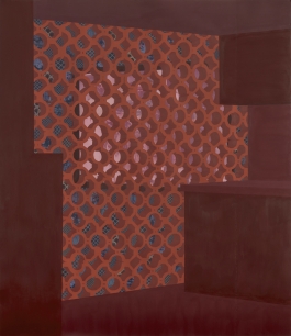 A painting of a bright red lattice screen separating a dark red room from a blue room featuring a pink family portrait