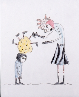 A colored drawing of two cartoon-like figures of differing heights interacting with each other. 