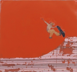 A painting on striped fabric of a skateboarder in midair against a red-orange field. 