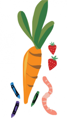 Coloful illustration of a carrot, crayons, a worm, and strawberries. 