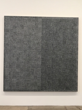 A painting of a dense black-and-white grid. 