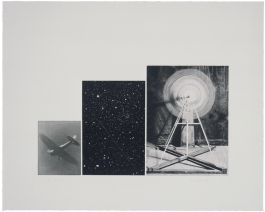 A print consisting of three black-and-white images, of a falling plane, the night sky, and a kinetic sculpture.