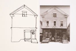 Black and white photograph of a double story building next to a simplified wire rendering of the same building.