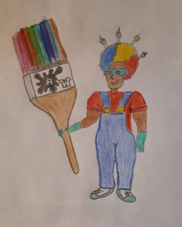A crayon drawing of a characters in overalls, rainbow-colored hair, and a giant paintbrush.