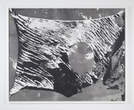 A black-and-white photograph depicts an abstract composition of etched and torn surfaces and textures over a flat matte grey and speckled white background.