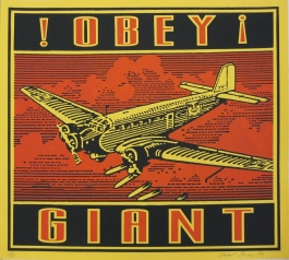 A screenprint of a yellow bomber aircraft flying against a red, cloudy sky framed by the words "! OBEY ¡" and "GIANT" above and below.
