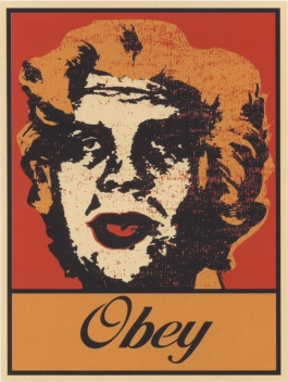 A red, black, and orange screenprint of Marilyn Monroe's head with the face of André the Giant superimposed with "OBEY" along the bottom edge.