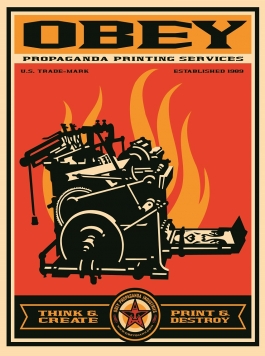 A red, black, and orange screenprint of a graphically-rendered burning printing press with “OBEY” along the upper edge.