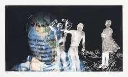 A color photograph shows a collage of three standing figures in white to the right of a larger human face shrouded in a cloth printed with a blue and green world map.