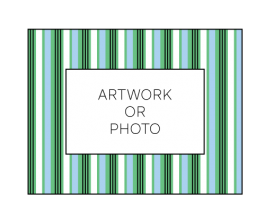 Text reading "artwork or photo" in the middle of a green, blue, and white striped frame. 