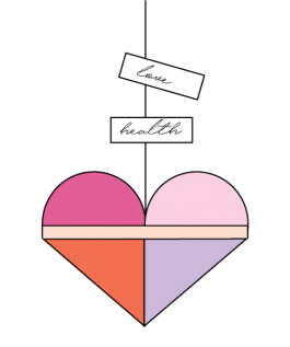 Multicolored folded paper heart icon hanging on a string with "love" and "health" along it. 