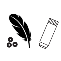Icon of beads, feather, and glue stick. 