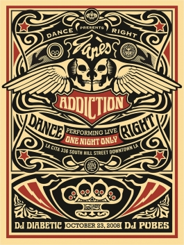 A black and red screenprint of a Jane's Addiction concert poster featuring winged skulls and brass knuckles embedded in an elaborate composition with concert details.