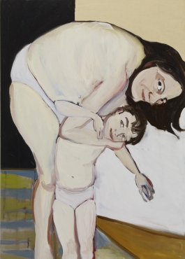 An oil painting depicts an almost nude woman bent over in a standing embrace with a small child, both of whom look directly at the viewer and smile.
