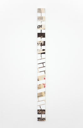 A narrow vertical painting composed of collaged magazine pages overlaid with patterns of painted white bricks.