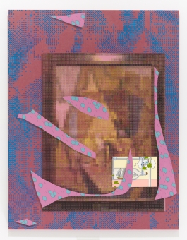 A depicts a pixelated, colorful pink, blue, and brown collage of a framed painting overlaid with pink pixel-like geometric shapes and a Garfield cartoon panel.