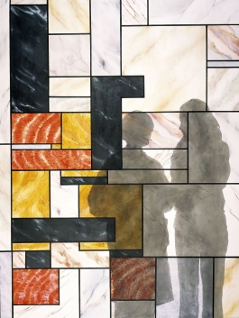 An oil painting of an abstracted geometric and semi-transparent window in the style of Piet Mondrianshadow silhouettes of two apparently female figures.