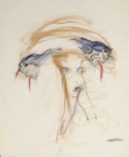 A drawing in brown, blue, red, and black gouache and ink depicts a two-headed, two-legged female figure, blurry as if in movement, with blood spewing from the foreheads, mouths, breasts, and genital areas.