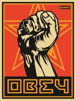 A red, black, and orange screenprint of a fist against a red background with an orange star and "OBEY" along the bottom edge.