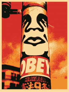 A red, black, and orange screenprint in red, orange, and black of a pole wrapped with an Obey sticker featuring a faces against a sky background.