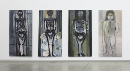 A series of four tall paintings, three of black skeletons and one of a nude young girl with her hands behind her back. 