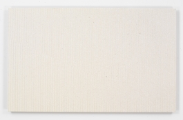 A mixed media work featuring thin, subtly tinted stripes on a white background.