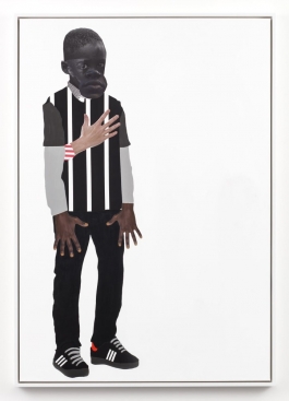 A mixed media collage depicts a Black boy in a striped shirt, dark pants, and sneakers standing to the left of a vertical white canvas. His hands hang in front of him with outstretched fingers and a light-skinned hand rests on his chest.