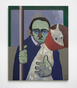 An oil painting depicts a man seated in a subway car holding the subway pole in his left hand and embracing a white dog with a red cone around its head in his right hand.