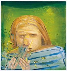 An oil painting of a young blonde figure against a lime green background sneezing into their open hands with visible expulsion and expressive brushstrokes illustrating the forcefulness of the sneeze.