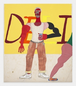 A large mixed- media painting depicts the abstracted figure of a man in a tank top and sneakers standing on a sidewalk holding a beer can and the leg of another figure in red gingham pants that appears to have just walked out of the frame.