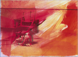 A screenprint of an electric chair in the left corner of an empty room is layered over with red, orange, and yellow colors.