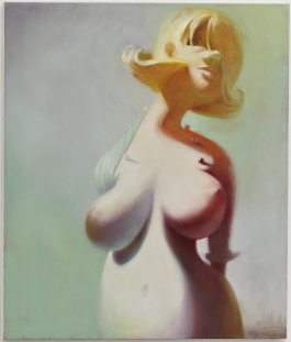 An oil painting of nude, buxom, light-skinned blonde woman standing against a pastel background.