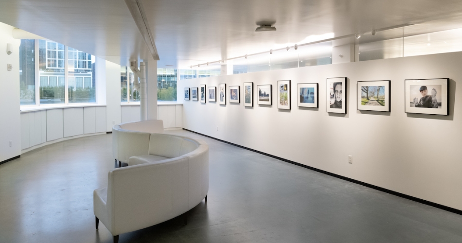 A gallery space with windows at one end, an s-shaped white sofa, and a dozen framed photographs hanging on a long white wall.