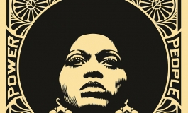 A black and red screenprint of a woman with an afro surrounded by a pattern of petals and peace signs and the phrases "POWER TO THE PEOPLE," and "POWER & EQUALITY."