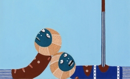 A painting of two abstracted figures lying down against a light blue background. 