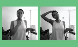4 black and white images of a woman stretching on a green background. 
