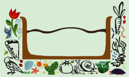 Art lab community garden icon, showing a bed of dirt surrounded by designs of plants, vegetables, fruit, flowers, and animals. 