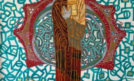 A multi-colored painting of a figure stylized as a gothic saint against teal and white pattern in the background