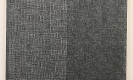 A painting of a dense black-and-white grid. 