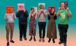Six people against a blue-orange ombre background, holding up classic records with images of people's faces on them over their faces