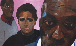 An acrylic painting shows a Black man and two younger Black figures standing one behind the other against a bright pink background and looking directly at the viewer.