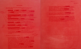 An entirely red oil painting depicts two documents side by side with typed text, hand-written notes, and censored notations.