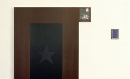 An installation consists of an oil painting of a black flag with a grey star, a much smaller black-and-white photograph of a couple in military uniform, and a blue book jacket with a white star..