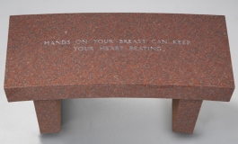 A red granite bench inscribed with the words “HANDS ON YOUR BREAST CAN KEEP YOUR HEART BEATING.”