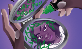 An illustration of a young girl looking into a compact makeup mirror and writing 
