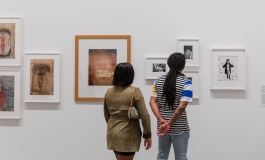 Two visitors from behind viewing framed photographs on the gallery wall.