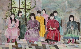 Painting of a group of dark-haired girls in brightly color dresses seated
