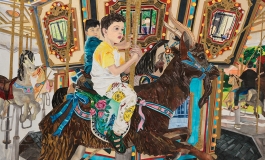 Painting of a young boy riding in a carousel
