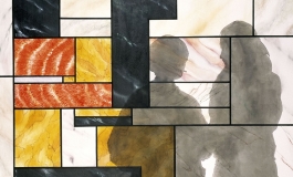 An oil painting of an abstracted geometric and semi-transparent window in the style of Piet Mondrianshadow silhouettes of two apparently female figures.